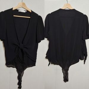 Astr Bodysuit Cap Flutter Sleeve‎ VNeck Wrap Front Thong Black Medium M